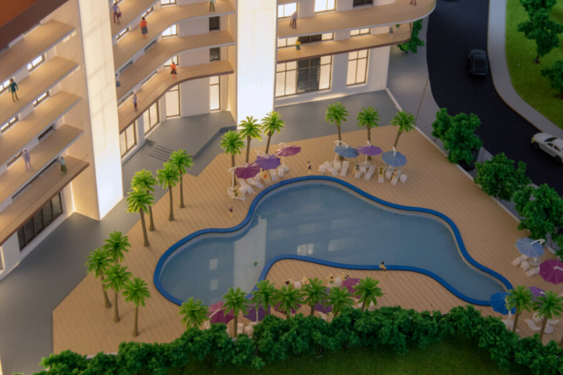 maqueta hotel con piscina